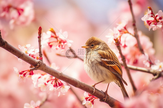 桃花枝上的小鸟图片