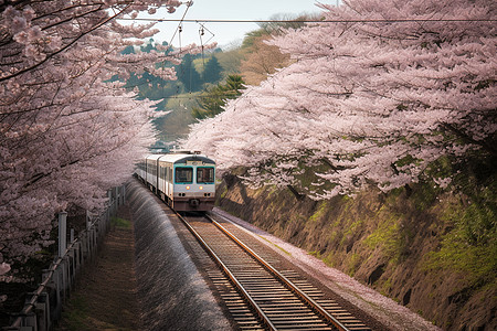 日本樱花风景樱花盛开的火车道背景