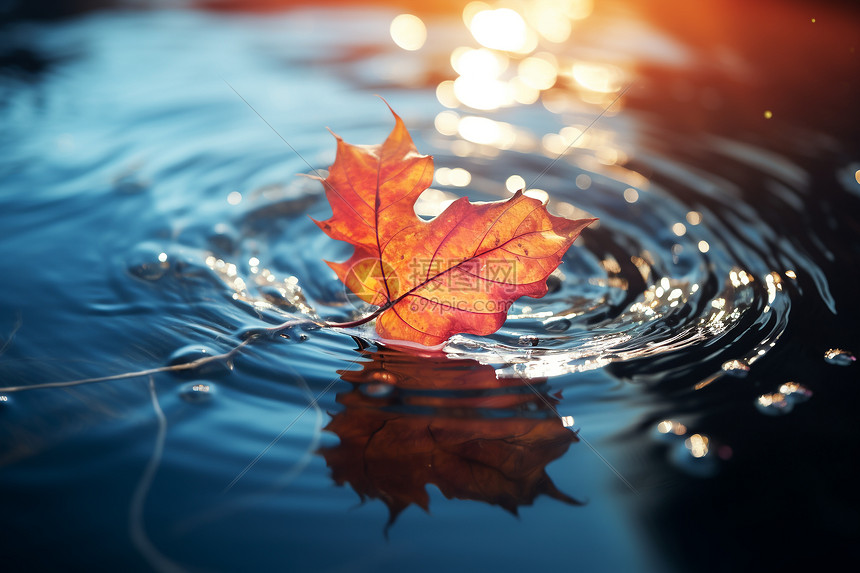 秋日水面飘落的醉人红叶图片