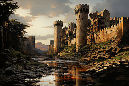 河畔的中世纪城堡图片