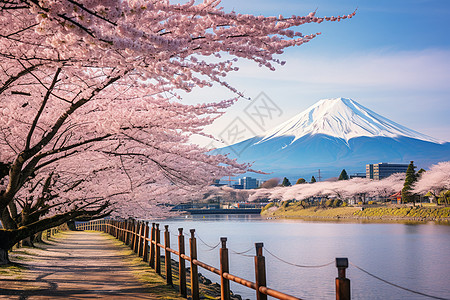 日本的樱花湖畔图片