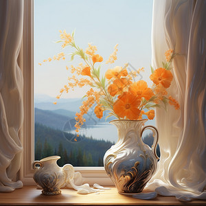 窗台的花束图片