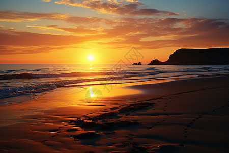 夕阳下沙滩的足迹图片