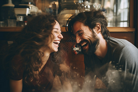 两位恋人在咖啡厅的厨房里一起笑图片