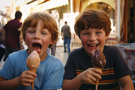 享受冰激凌的二个男孩图片