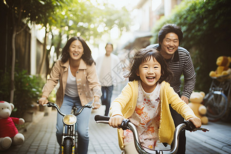 骑着单车的一家人背景图片
