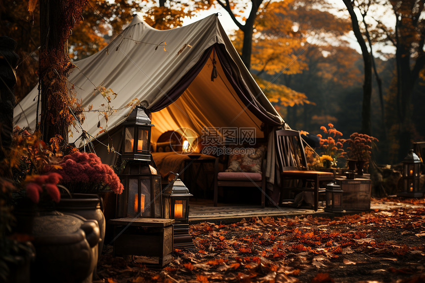 秋日森林中帐篷帷幔图片