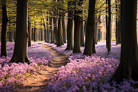 森林中的紫色时钟花背景图片
