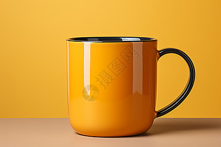 摆放在桌子上的黄色咖啡杯图片