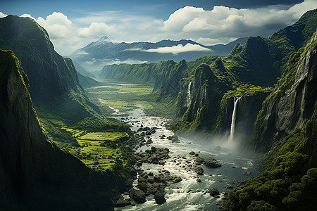 山水瀑布与山脉的壮美图片