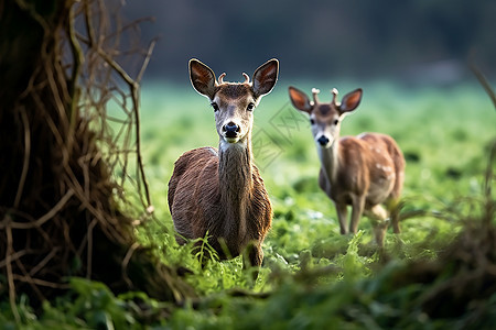草原上两只雌鹿站立观察图片
