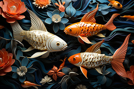 浮雕玉鱼群设计图片