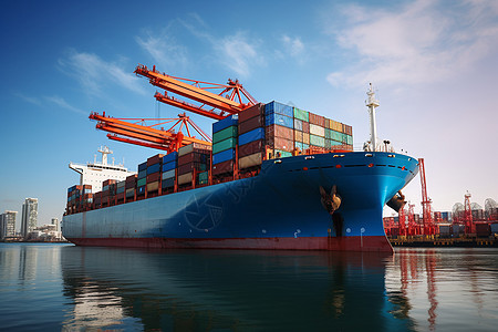 巨型蓝色货船在港口图片