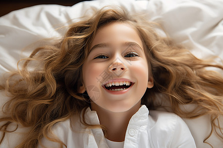快乐的女孩在家里的床上微笑图片