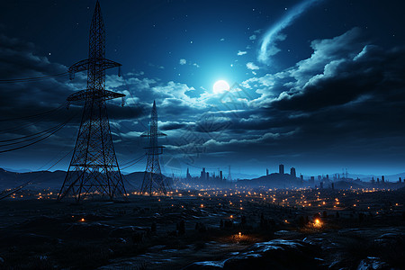 夜晚的城市电线高清图片