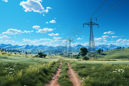 高压电线杆上的电线在广阔的农田上图片