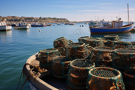 海鲜码头渔港的鱼船上的蓝天美景背景