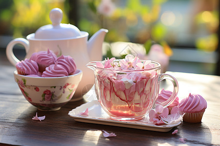 粉色甜品与花茶图片