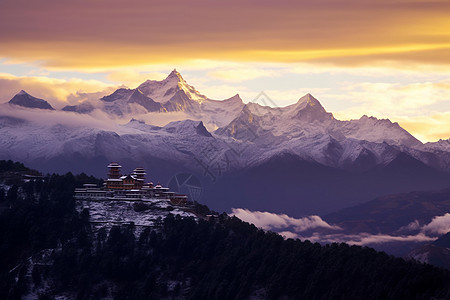 雪山上的寺庙背景图片