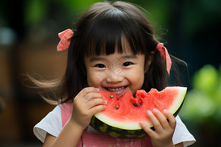 小女孩在吃西瓜。图片