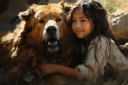 拥抱大自然的女孩宠物狗和小女孩插画