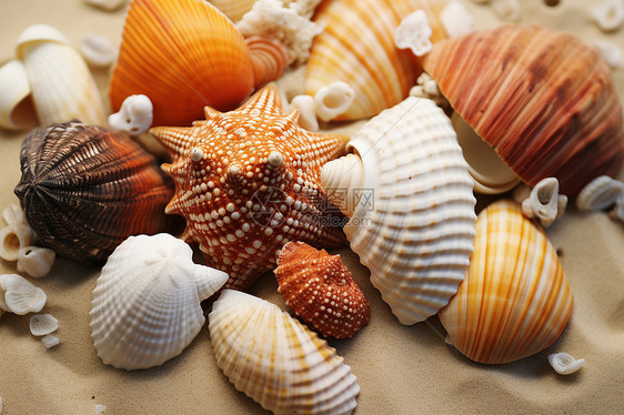 彩色贝壳拼搭成的海岸风景图片