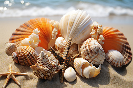 海滩上一堆贝壳图片
