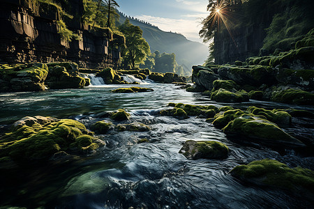 大自然的瀑布流入河中图片