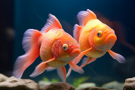 两只金鱼在水族箱中游动图片