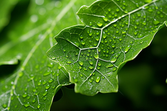 夏日微雨中的绿叶图片