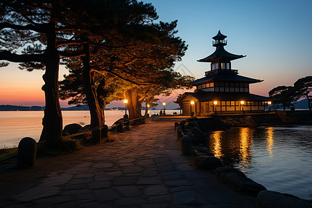 夜晚湖边夕阳下的湖边美景背景