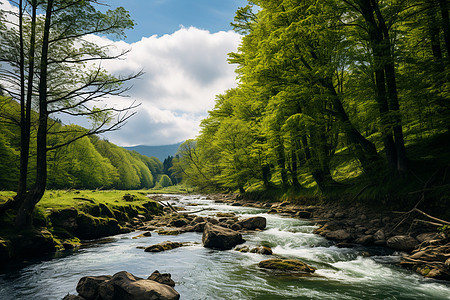 河流穿行绿树与岩石之间图片