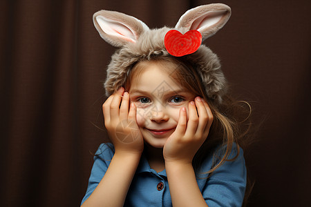 快乐粉红兔兔耳帽下的快乐少女背景