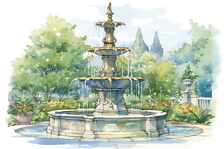 宁静典雅的喷泉插画图片