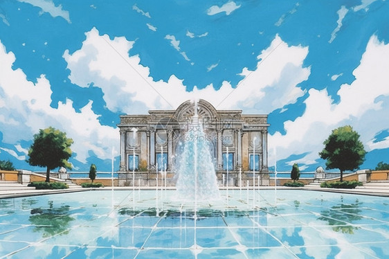 清澈蓝天下喷泉图片