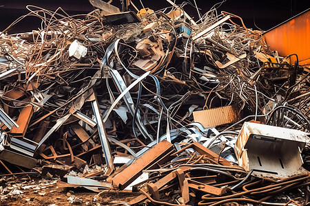 废品回收场中一堆废旧金属图片