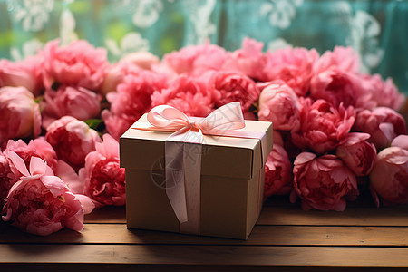 窗台上的鲜花和礼物盒图片
