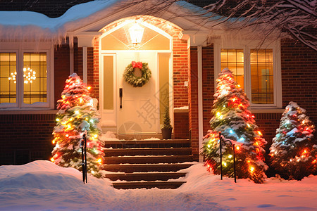 圣诞节家门前点亮的装饰图片