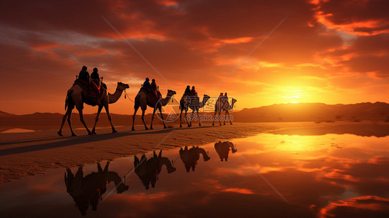 夕阳下骑骆驼的人图片