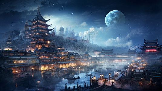 古镇繁华的夜景，背景图片