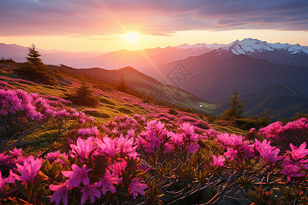 春天山花山花晚霞背景