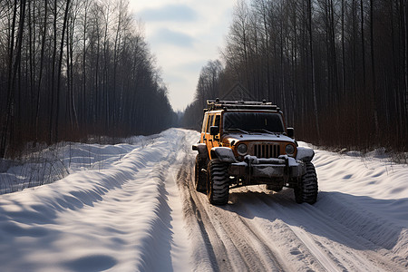 冬季雪林中行驶的吉普车图片