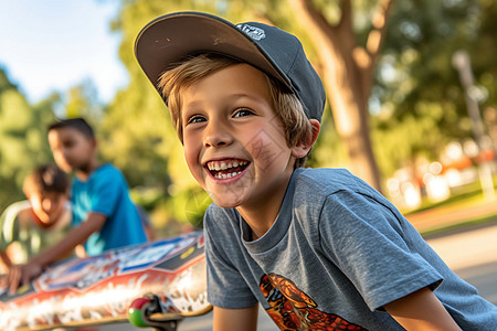 滑板少年素材夏季公园中玩耍的小男孩背景