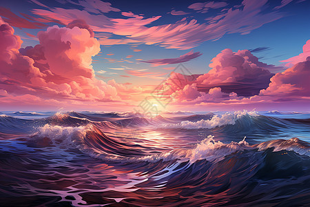 海滨夕阳下的奇幻油画图片