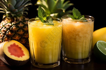 热带水果盛宴的菠萝果汁图片