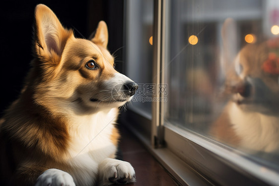 家庭窗台上的柯基犬图片