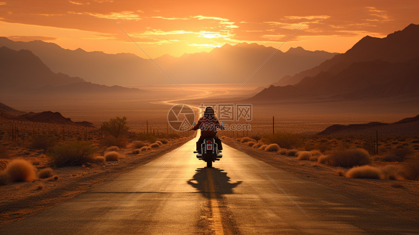 夕阳下荒野公路骑行的男子图片