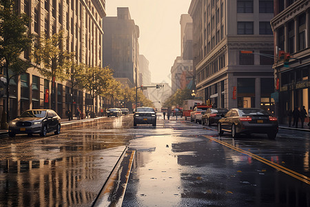 雨后潮湿的城市商业街背景图片