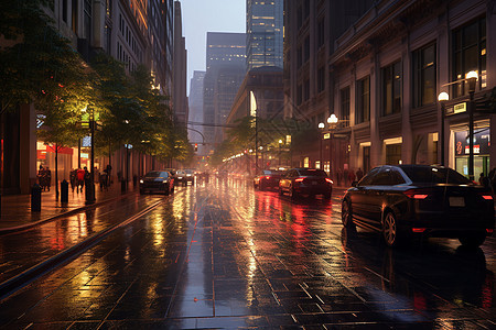 雨中夜幕下的繁华都市背景图片