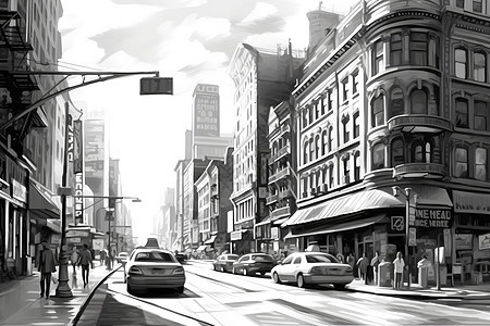 城市繁荣的商业街黑白插画背景图片